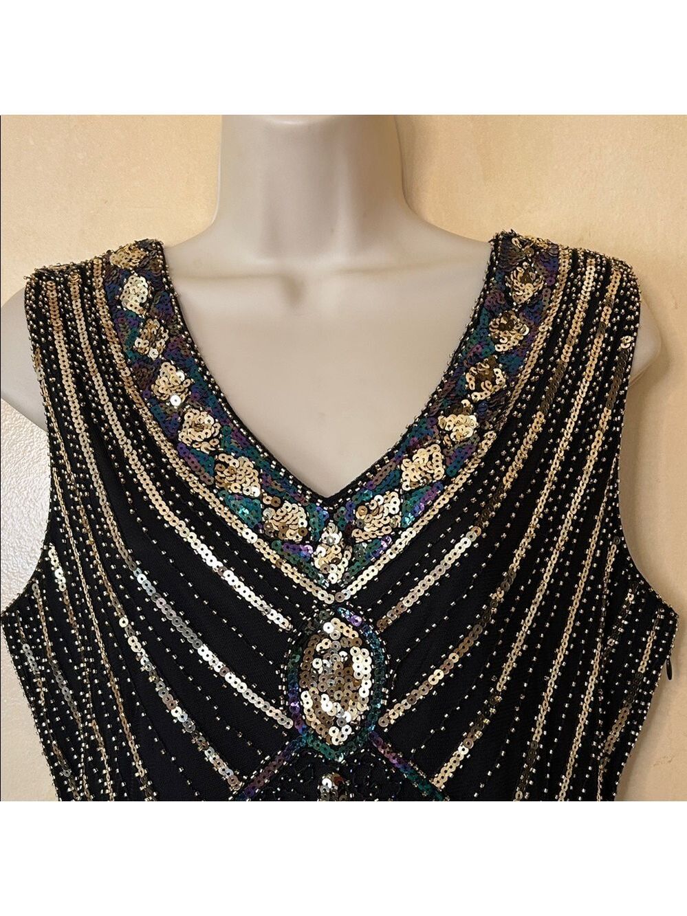 Black and Gold Beaded Fringe V-Neck Flapper Dress size M - Picture 3 of 12